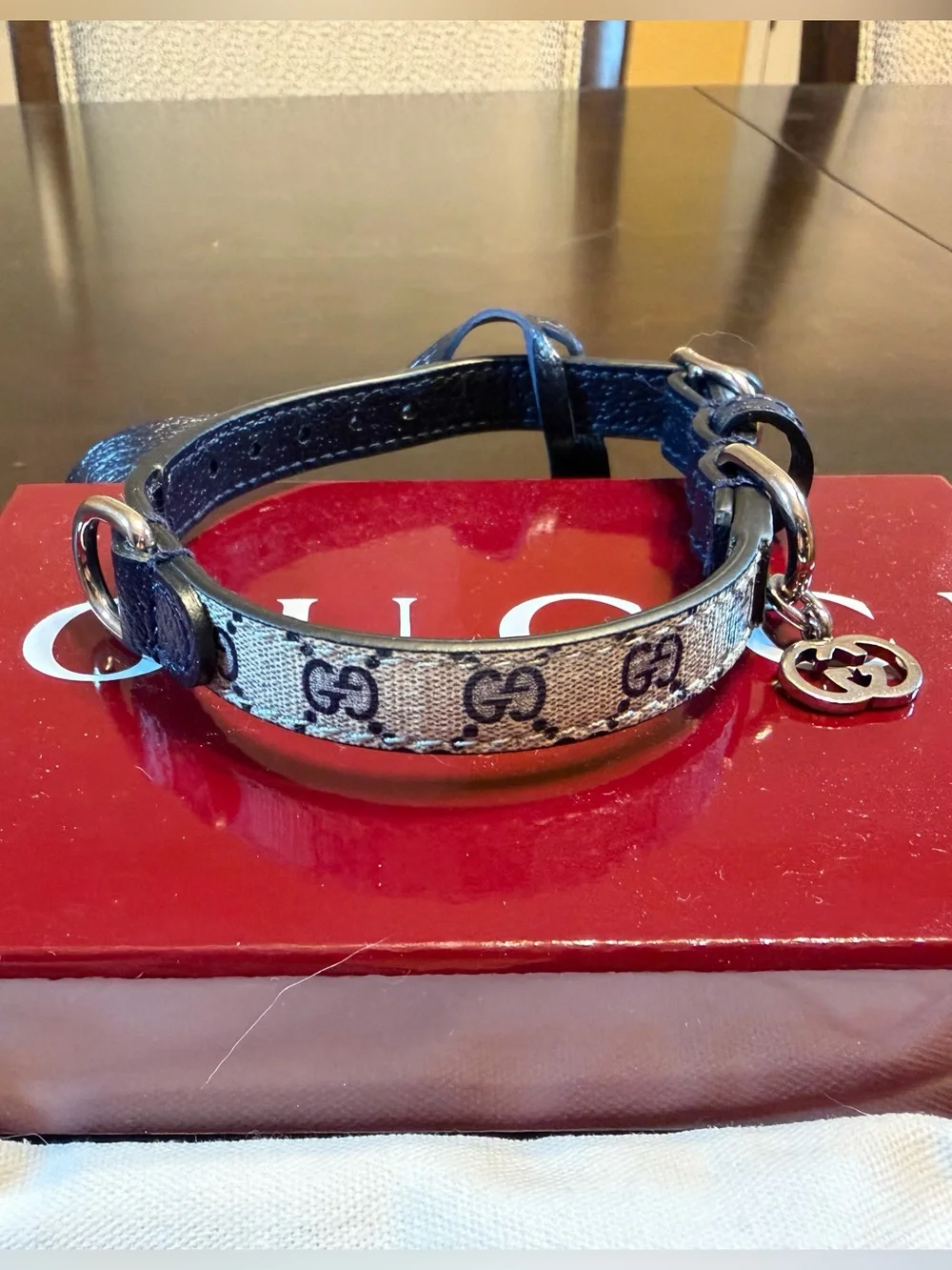 New Authentic Gucci GG Supreme Logo Pet Leather Collar Cat Dog XXS - Picture 1 of 12